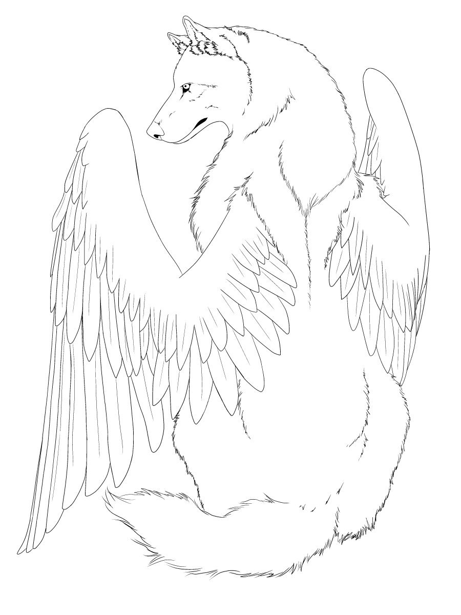 900x1200 Winged Wolf Line Art Edited