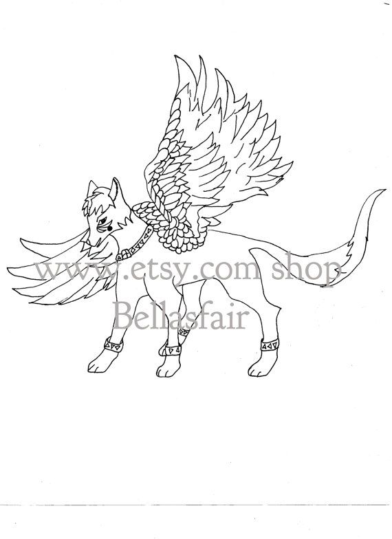 570x784 Hand Drawn Mythical Winged Wolf, Coloring, Coloring Page, Fantisy