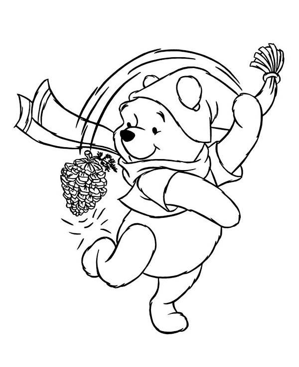 600x738 Winnie The Pooh Playing With Cone Pine On Winter Coloring Page