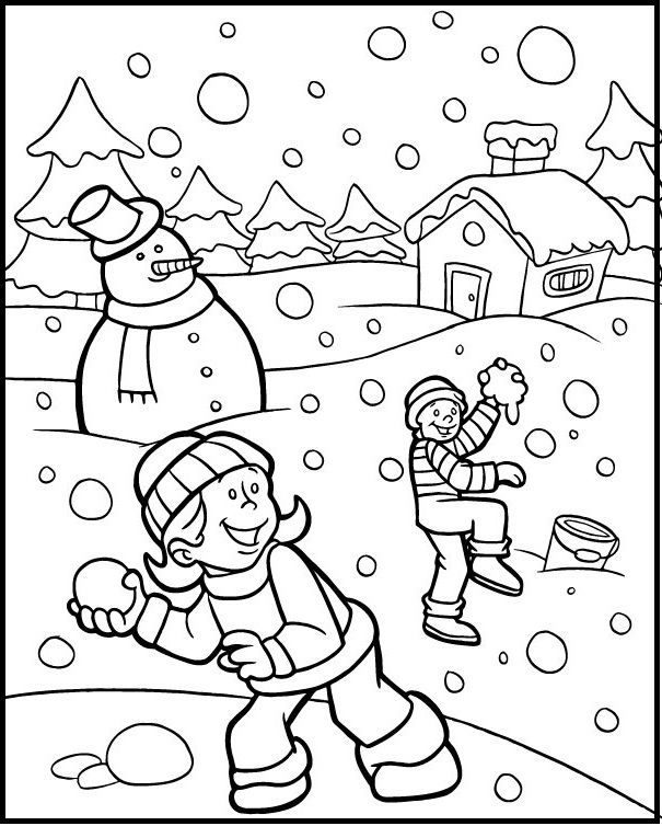 605x754 Kid Happy Snowball Fight On Winter Coloring Picture For Kids