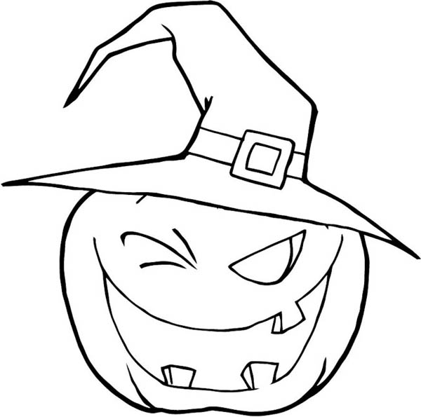 600x595 Halloween Pumpkins Wearing Witch Hat Coloring Page