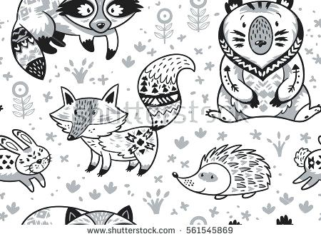 450x335 Black White Woodland Animals Pattern Scandinavian Stock Vector