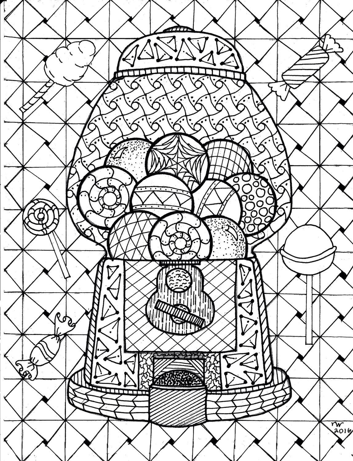 1148x1500 Shocking Gumball Machine Zentangle Coloring Page