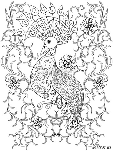 373x500 Coloring Page With Bird In Flowers, Zentangle Illustartion Bird