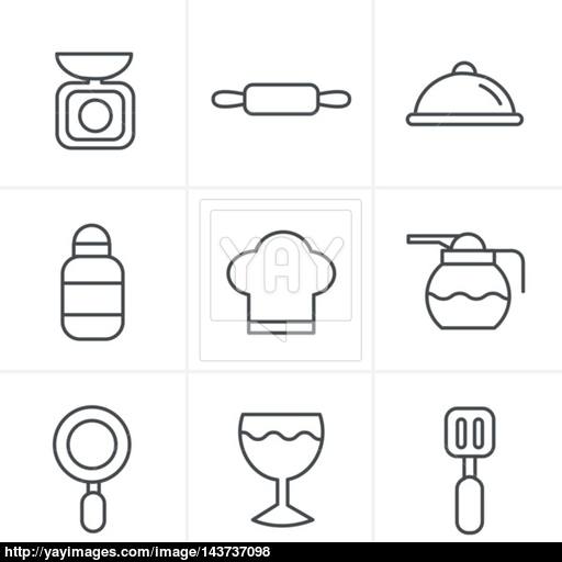 Line Icons Style Cooking Foods And Kitchen Outline Icons Set