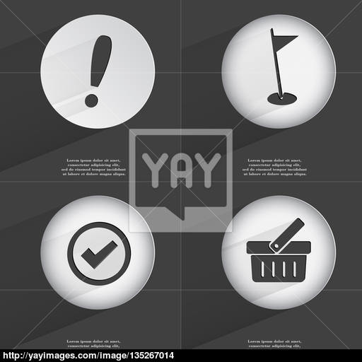 Exclamation Mark, Golf Hole, Tick, Basket Icon Sign Set