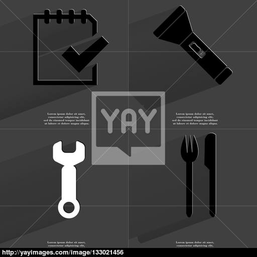 Task Completed Icon, Flashlight, Wrench, Fork And Knife Symbols