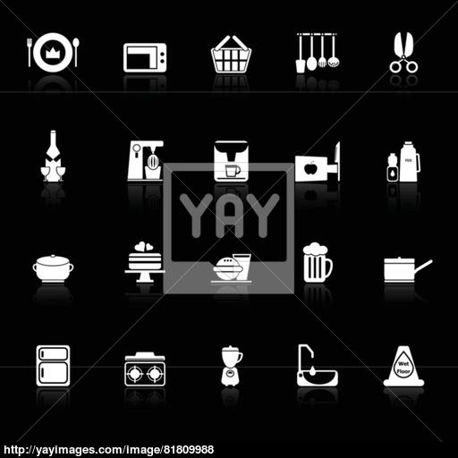 Home Kitchen Icons With Reflect On Black Background Vector