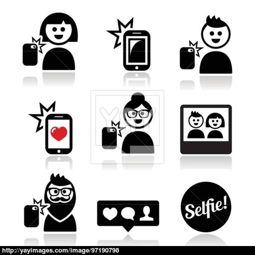 Man, Woman Taking Selfie With Mobile Or Cell Phone Icons Set