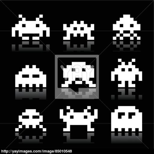 Space Invaders, Aliens White Icons Set On Black Vector