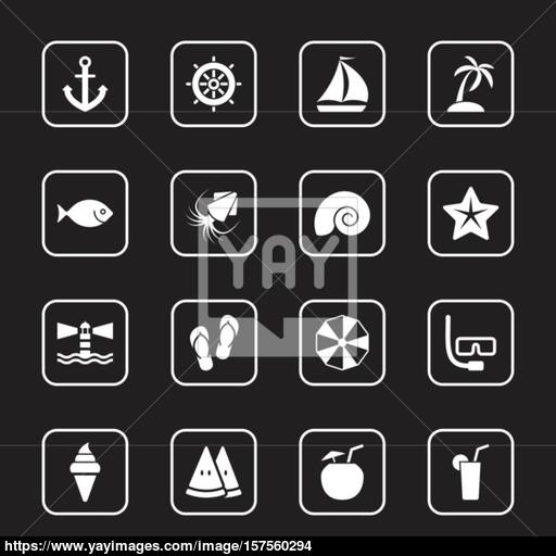 White Flat Summer Icon Set With Rounded Rectangle Frame Vector