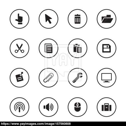 Black Flat Computer And Technology Icon Set With Circle Frame