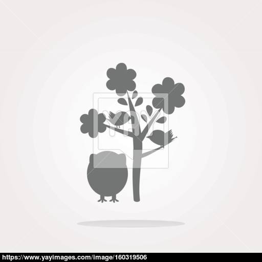 Vector Button With Owl And Tree, Isolated On White Web Icon Art