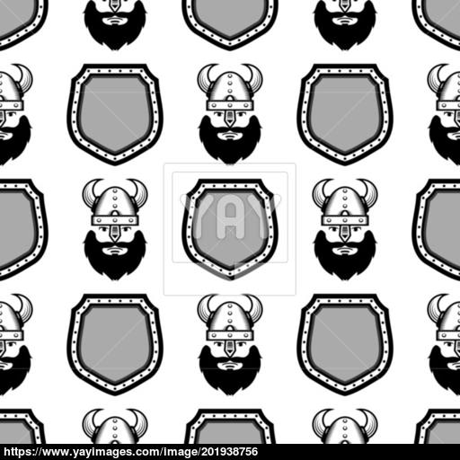 Viking Warrior Head Icon On Metal Shield Seamless Pattern Vector