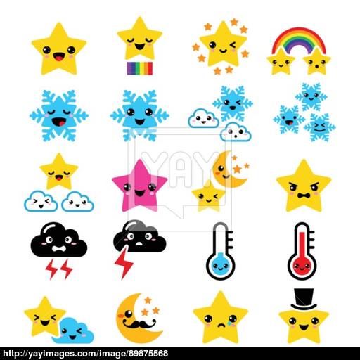 Cute Weather Kawaii Icons Star, Rainbow, Moon, Snowflake