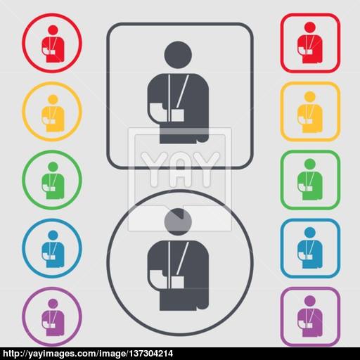 Broken Arm, Disability Icon Sign Symbol On The Round And Square