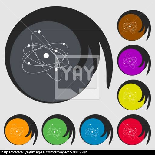 Physics, Atom, Big Bang Icon Symbols On Eight Colored Buttons