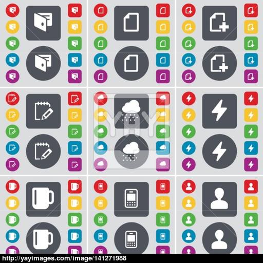 Wallet, File, Notebook, Cloud, Flash, Cup, Mobile Phone, Avatar