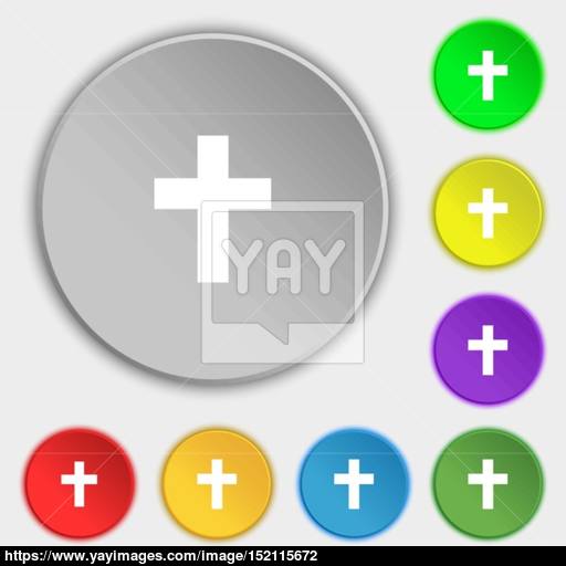 Religious Cross, Christian Icon Sign Symbol On Eight Flat Buttons