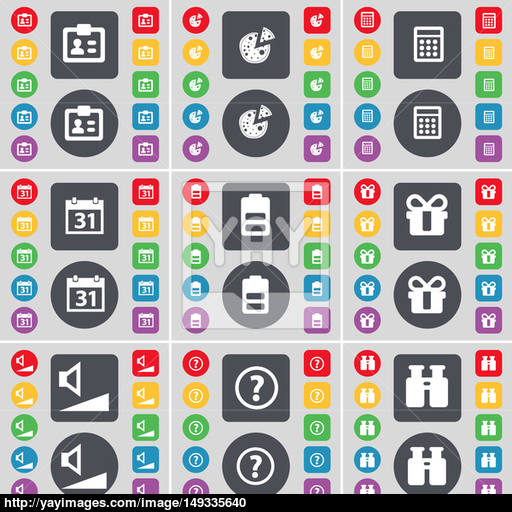 Contact, Pizza, Calculator, Calendar, Battery, Gift, Volume