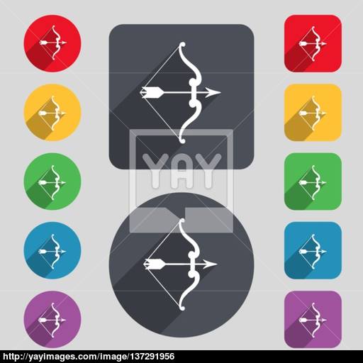 Bow And Arrow Icon Sign A Set Of Colored Buttons And A Long