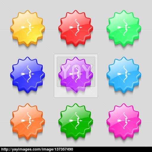 Bow And Arrow Icon Sign Symbol On Nine Wavy Colourful Buttons
