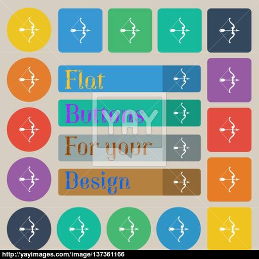 Bow And Arrow Icon Sign Set Of Twenty Colored Flat, Round, Square