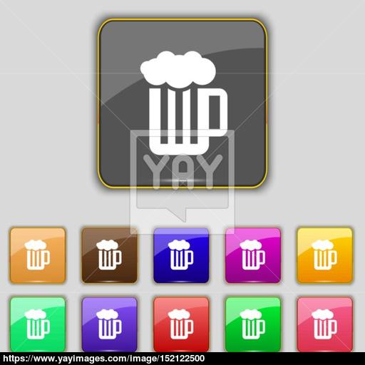 Glass Of Beer With Foam Icon Sign Set With Eleven Colored Buttons