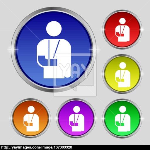 Broken Arm, Disability Icon Sign Round Symbol On Bright Colourful