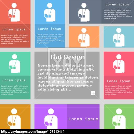 Broken Arm, Disability Icon Sign Set Of Multicolored Buttons