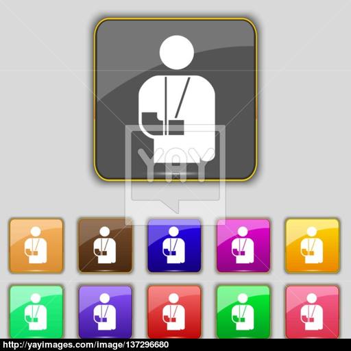 Broken Arm, Disability Icon Sign Set With Eleven Colored Buttons