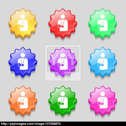 Broken Arm, Disability Icon Sign Symbol On Nine Wavy Colourful