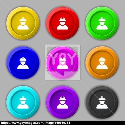 Construction Worker, Builder Icon Sign Symbol On Nine Round