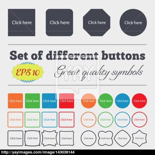 Click Here Sign Icon Press Button Big Set Of Colorful, Diverse