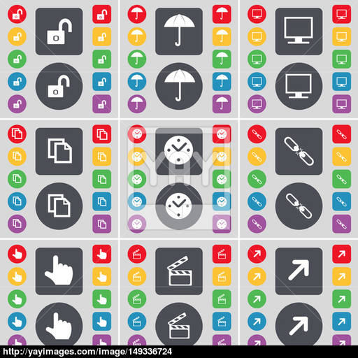 Lock, Umbrella, Monitor, Copy, Clock, Link, Hand, Clapper, Full