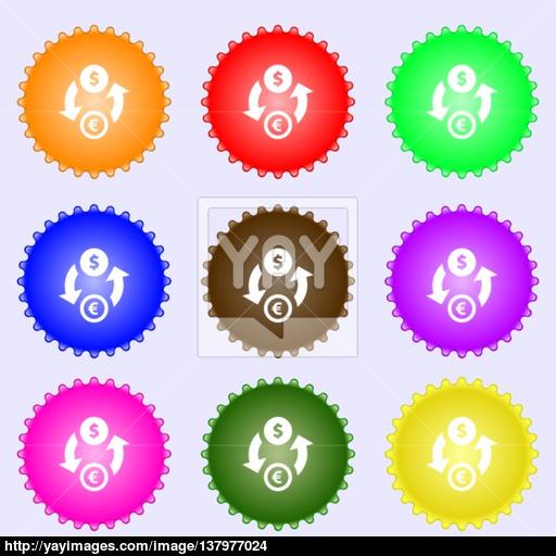 Currency Exchange Icon Sign A Set Of Nine Different Colored
