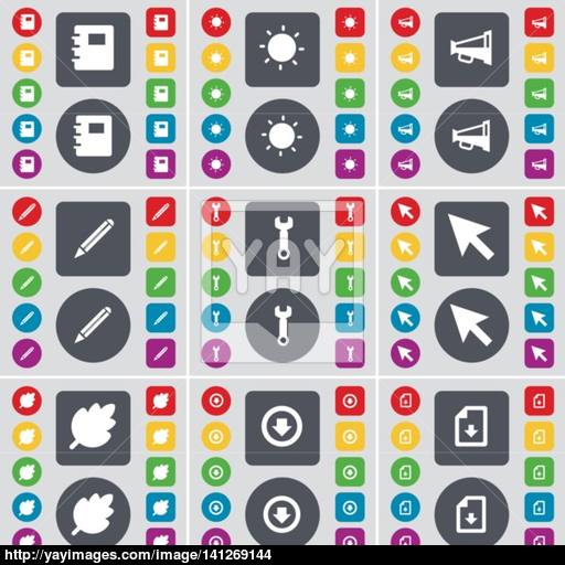 Notebook, Light, Megaphone, Pencil, Wrench, Cursor, Leaf, Arrow