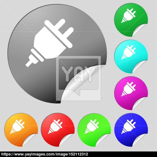 Plug Icon Sign Set Of Eight Multi Colored Round Buttons, Stickers