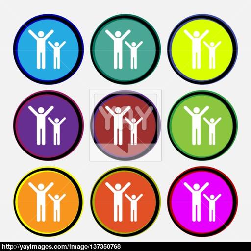 Happy Family Icon Sign Nine Multi Colored Round Buttons Vector