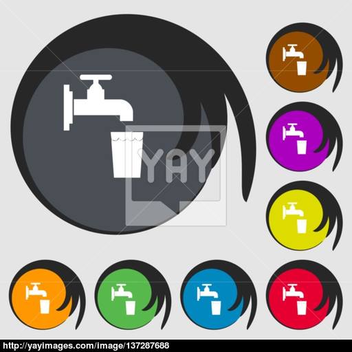 Faucet, Glass, Water Icon Sign Symbol On Eight Colored Buttons