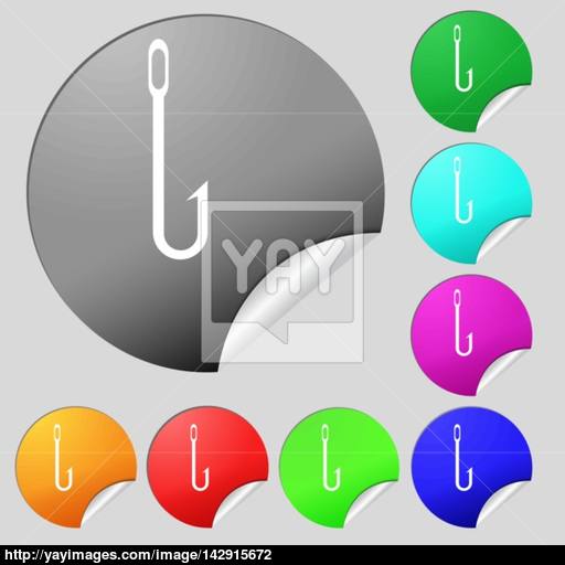 Fishing Hook Icon Sign Set Of Eight Multi Colored Round Buttons