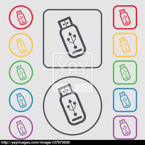 Usb Flash Drive Icon Sign Symbol On The Round And Square Buttons