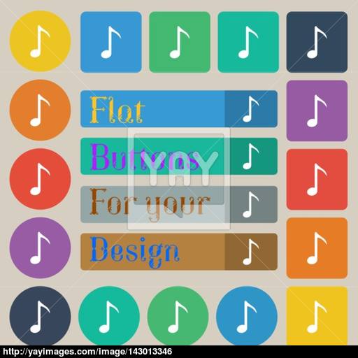 Music Note Icon Sign Set Of Twenty Colored Flat, Round, Square