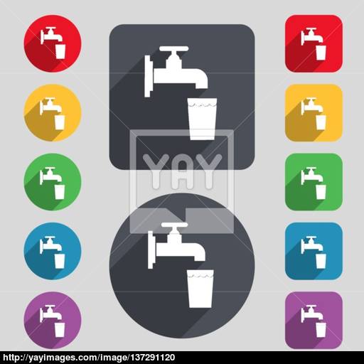 Faucet, Glass, Water Icon Sign A Set Of Colored Buttons