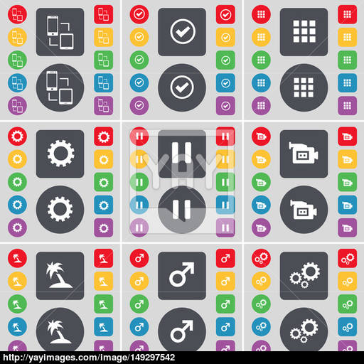 Connection, Tick, Apps, Gear, Pause, Film Camera, Palm, Mars