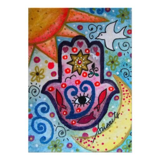 Judaic Hamsa Bat Bar Mitzvah Invitation Whimsical Paintings