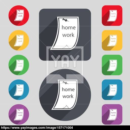 Homework Icon Sign A Set Of Colored Buttons And A Long Shadow