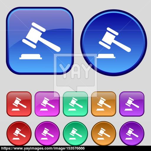 Judge Or Auction Hammer Icon Sign A Set Of Twelve Vintage Buttons