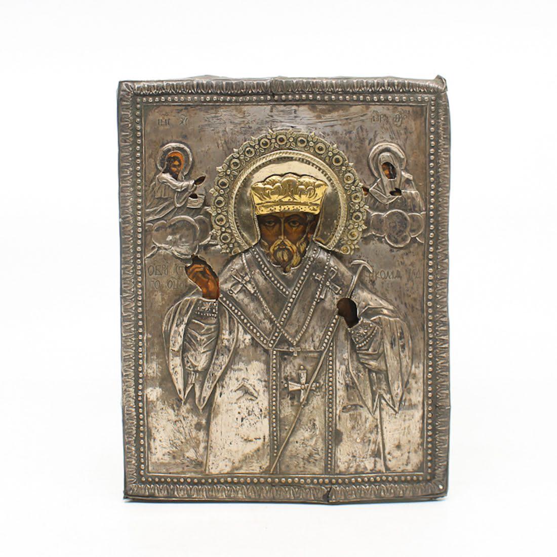 Antique Russian Icon Of St Nicholas With Silver Oklad