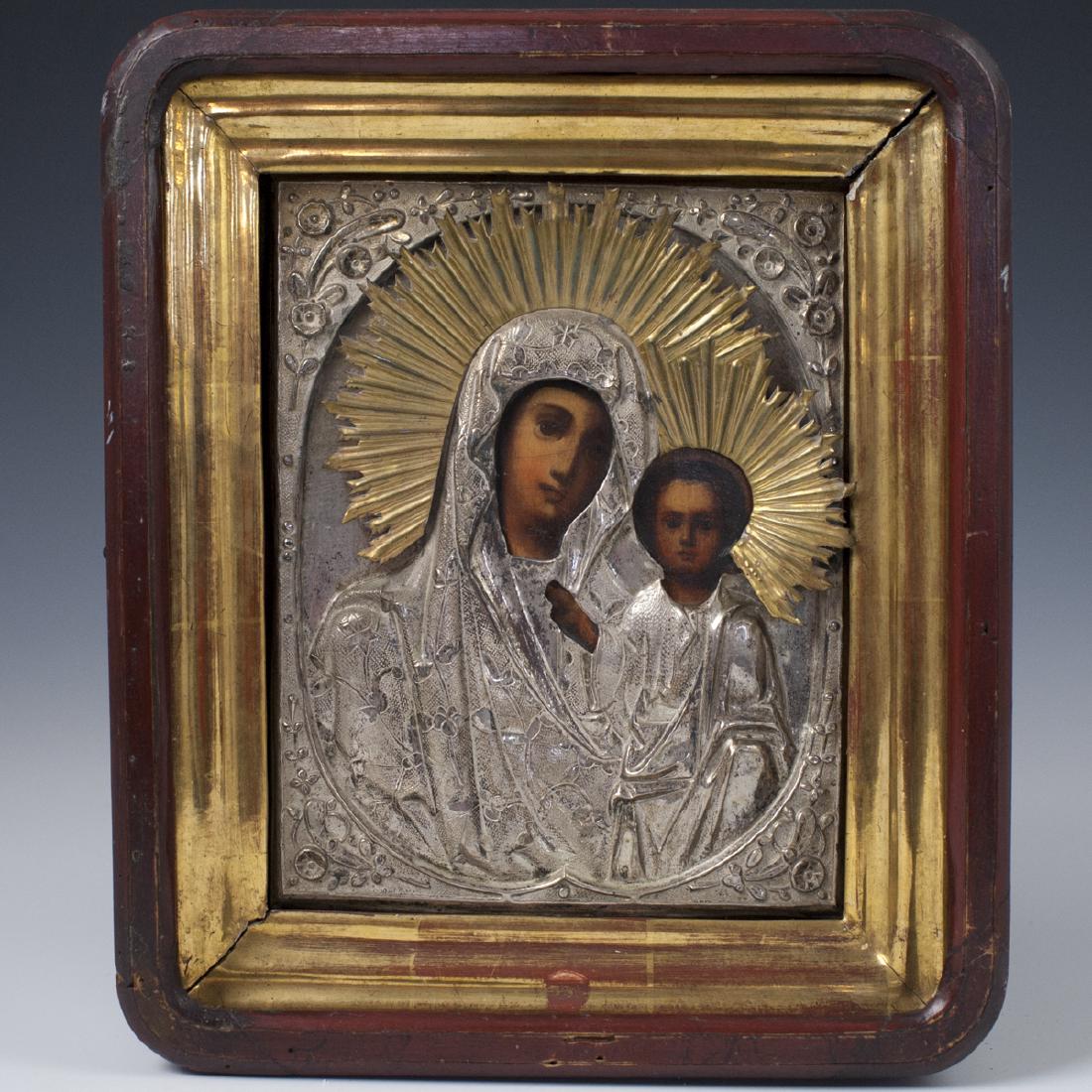 Antique Russian Silver Mounted Wooden Icon